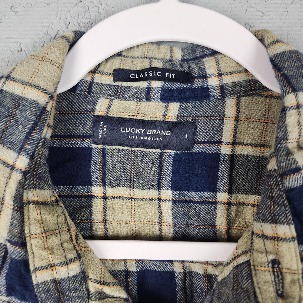 Lucky Brand Shirt Mens Large Blue Tan Plaid Flannel Button Front Classic Fit